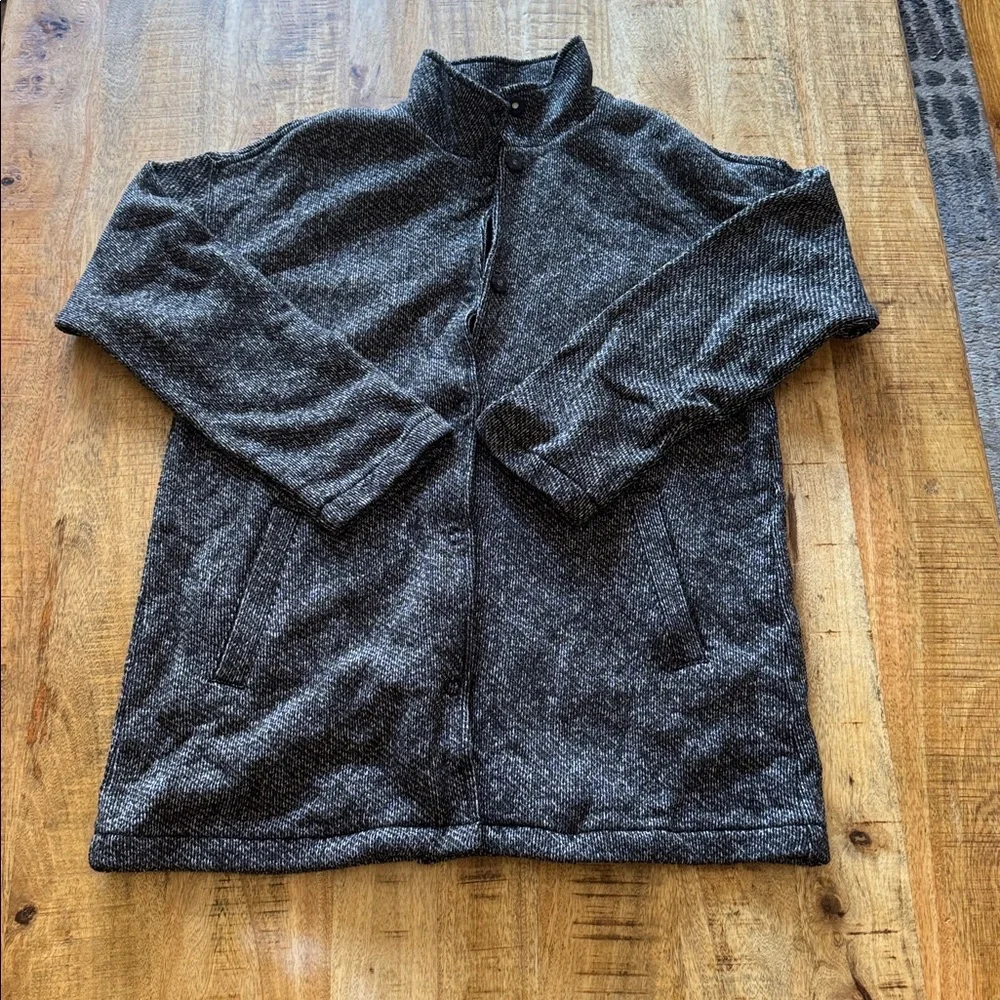 Eileen Fisher 100% cotton Stand Collar Long Herringbone Snap-Front Jacket Coat